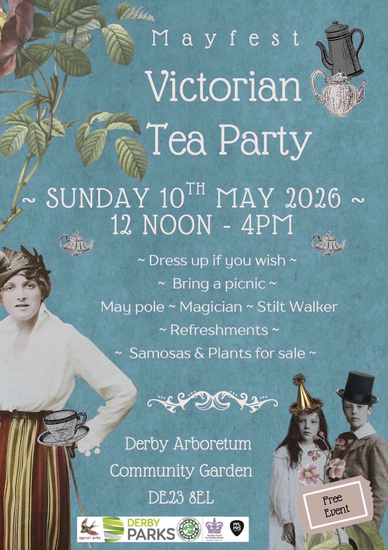 Mayfest Victorian Tea Party — Sunday 10 May 2026, 12 noon to 4pm, Derby Arboretum Community Garden. Free event.